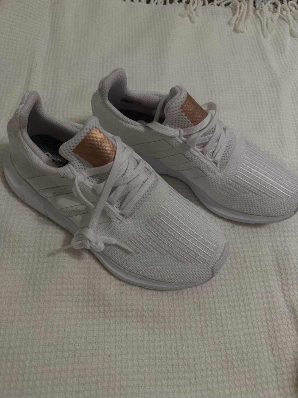 adidas Women’s White Sneakers with Rose Gold Tongue Accent